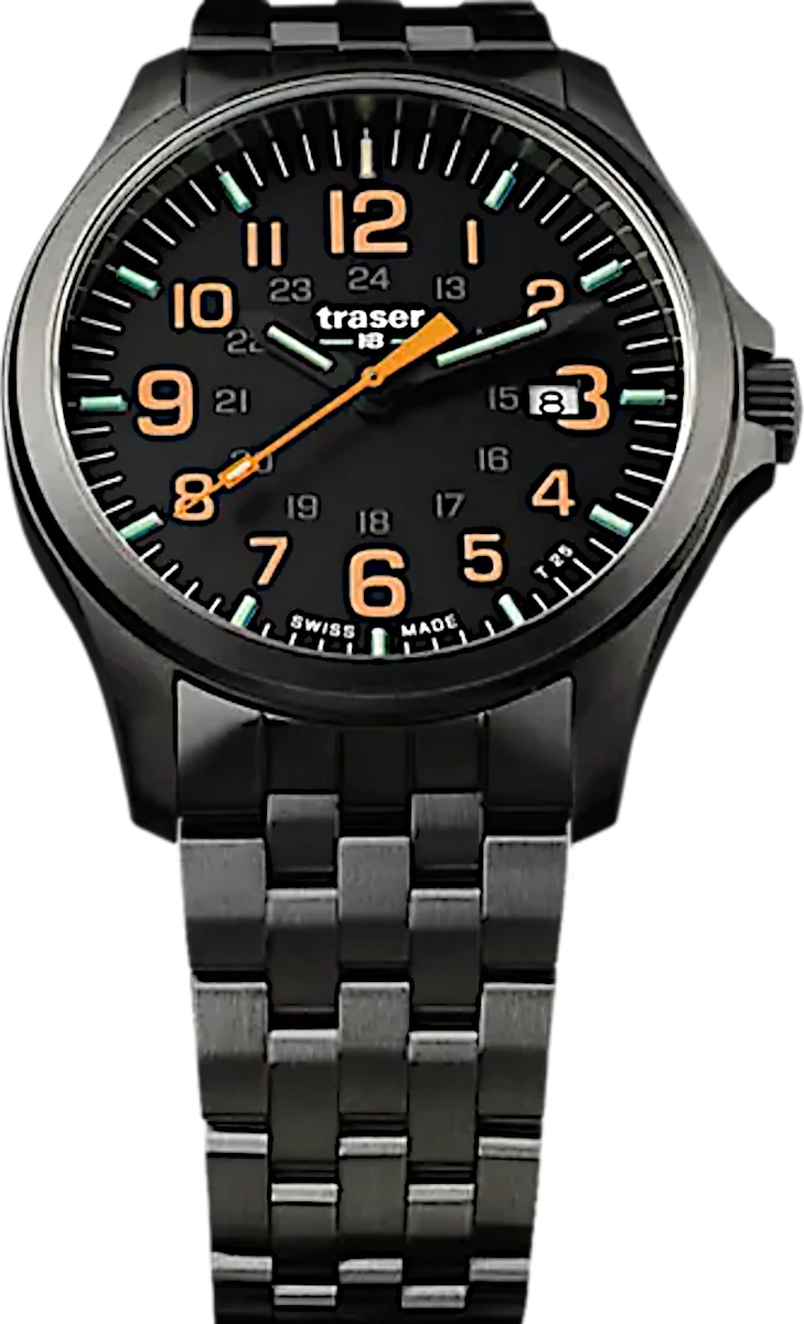 Runde Armbanduhr mit dunklem Metallarmband und Leuchtziffern, Trigalight-Optik