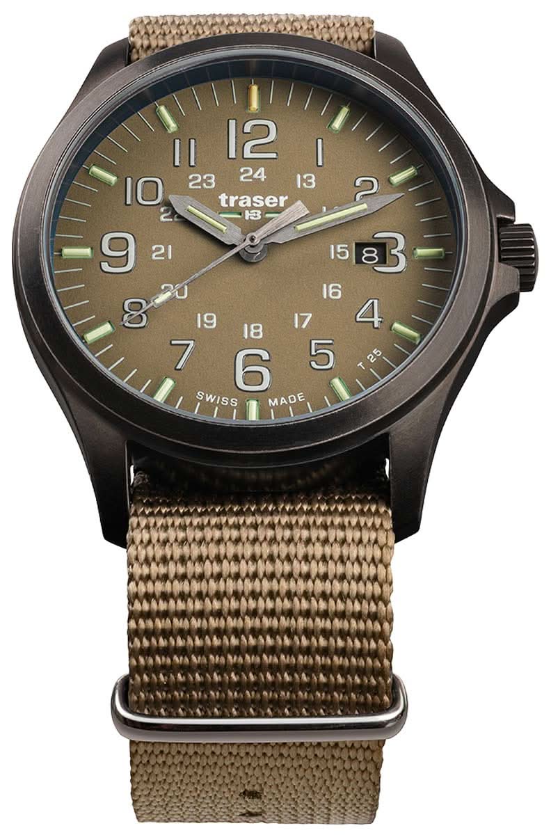 Armbanduhr mit braunem Stoffarmband und braunem Zifferblatt mit Leuchtmarkierungen