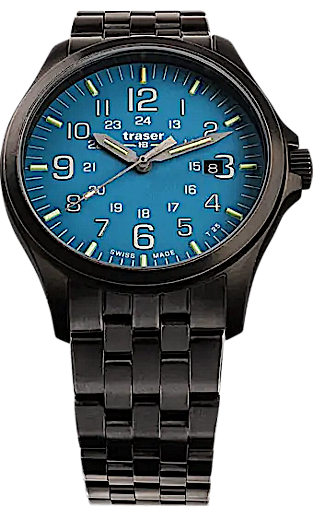 Herrenuhr mit blau-grünem Zifferblatt, Leuchtzeigern und Metallarmband