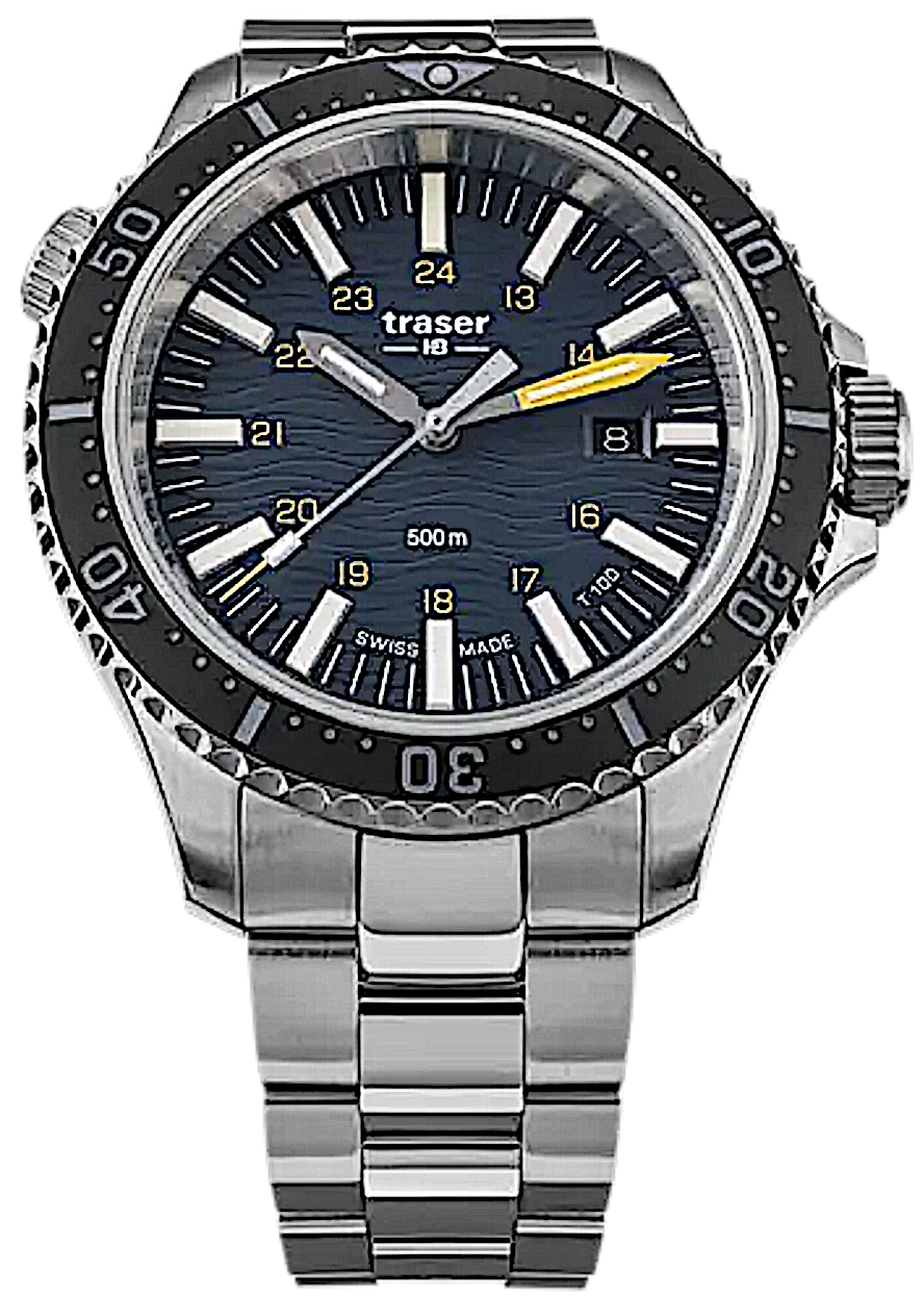 Traser Herren-Taucharmbanduhr: blaues Zifferblatt, Metallarmband, drehbare Lünette