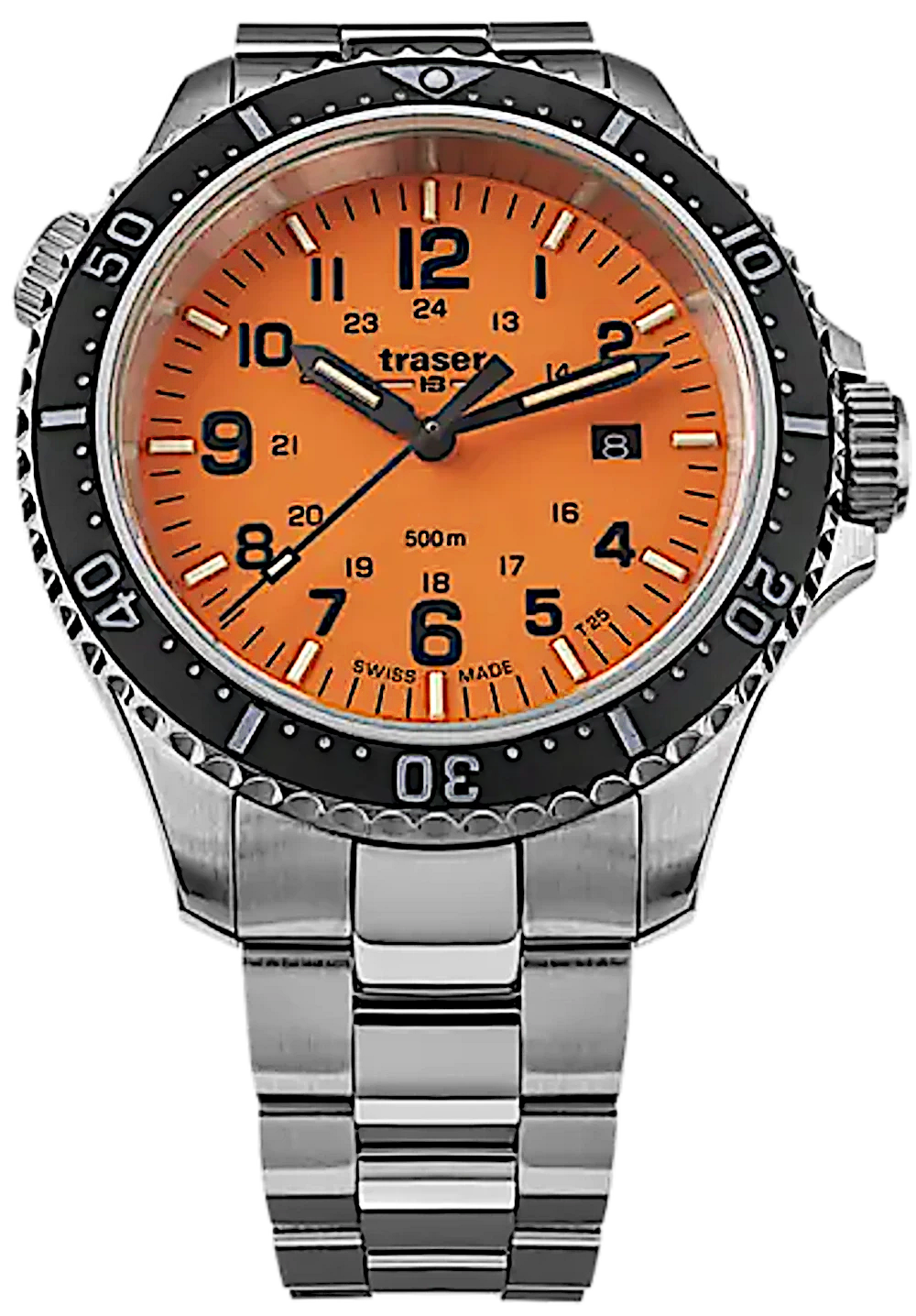Herren-Taucheruhr mit orangefarbenem Zifferblatt, schwarzer Lünette und Edelstahlarmband
