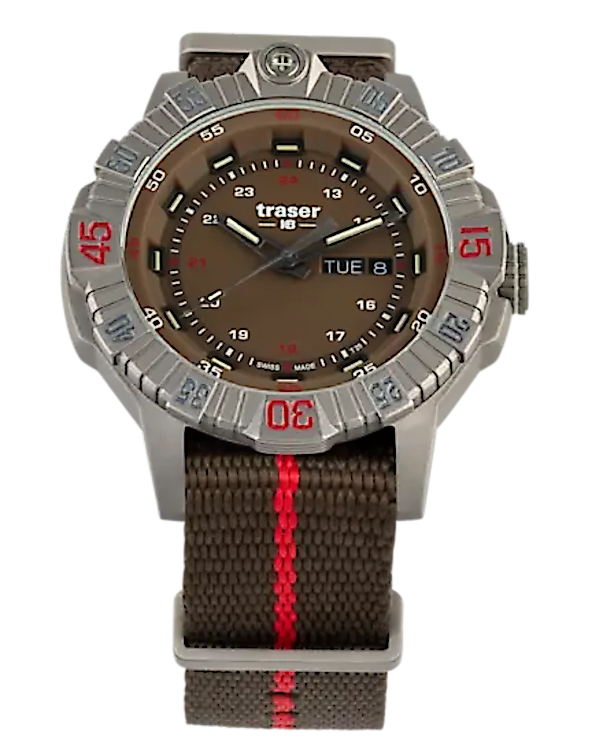 Herrenarmbanduhr: braunes Zifferblatt, Titangestell, Textilarmband mit rotem Mittelstreifen