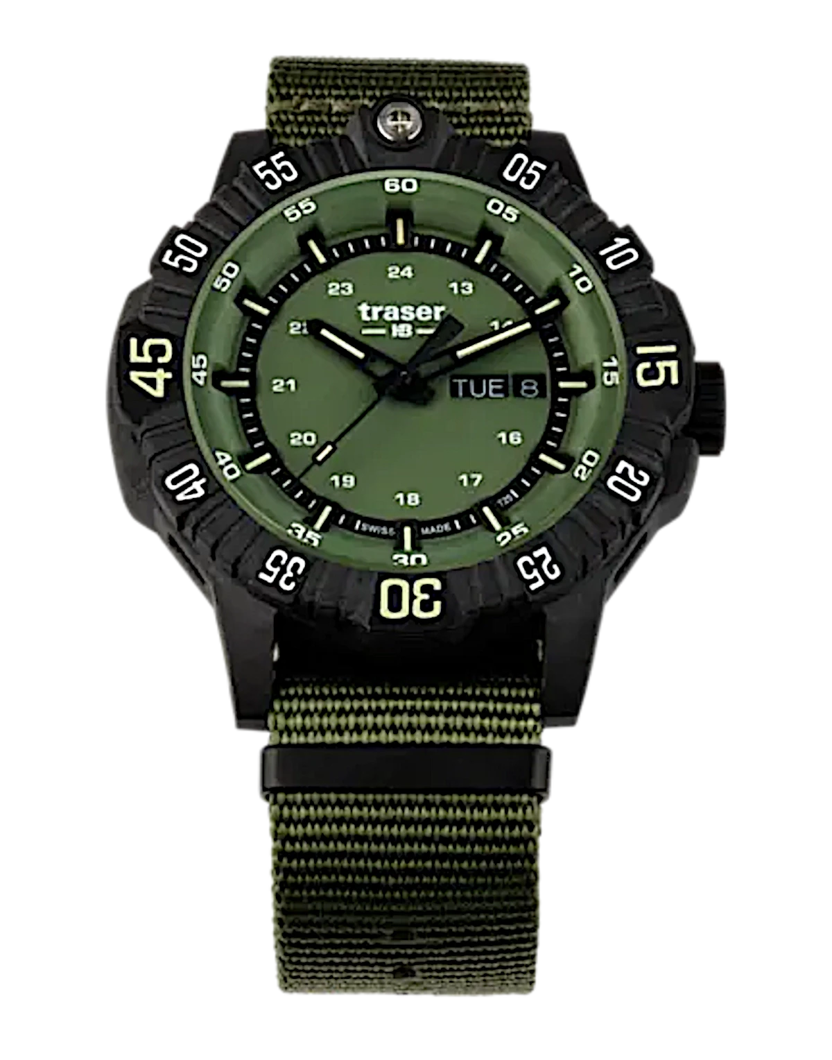 Tacticaluhr Traser P99 Q mit grünem Textilarmband und Leuchtziffern am Zifferblatt