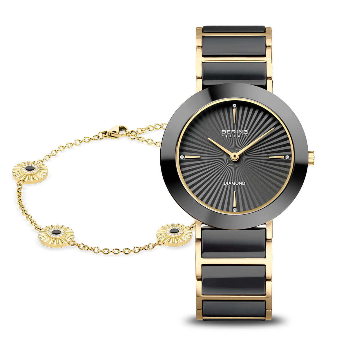Bering 11435-732-GWP Ceramic Damen Armbanduhr Schwarz-Gold • Saphirglas • Keramikgehäuse mit Swarovski-Kristallen