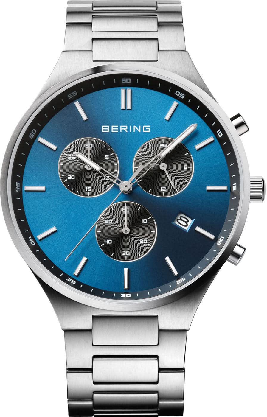 Herrenarmbanduhr mit blauem Zifferblatt, silbernem Titanarmband und runden Anzeigen