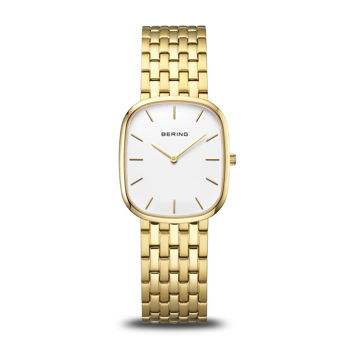 Goldfarbene Damenuhr mit rechteckigem, abgerundetem Zifferblatt und Metallarmband.