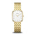 Goldfarbene Damenuhr mit rechteckigem, abgerundetem Zifferblatt und Metallarmband.