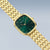 Damenuhr mit grünem Zifferblatt und goldfarbenem Gliederarmband, ovales Gehäuse