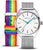 Runde Uhr mit weißem Zifferblatt, bunten Indexen und silbernem Milanaise-Armband