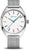 Runde Uhr mit weißem Zifferblatt, bunten Indexen und silbernem Milanaise-Armband