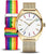 Herrenuhr mit weißem Zifferblatt, goldfarbenem Gehäuse und bunter Stoffarmband-Schließe