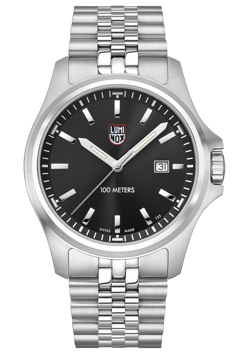 Herren-Armbanduhr mit Edelstahlband, schwarzem Zifferblatt, Datumsfenster bei 3 Uhr