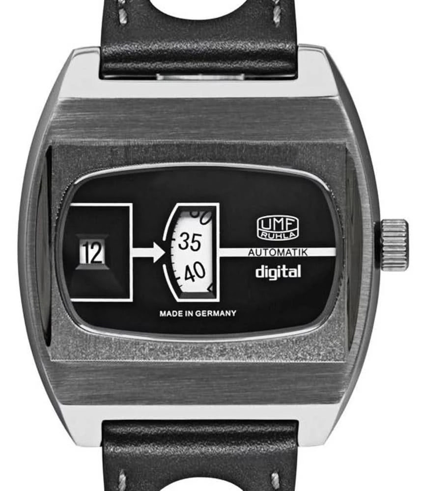 Herrenuhr mit schwarzem Zifferblatt, Automatik- und Digitalanzeige, schwarzen Lederarmband