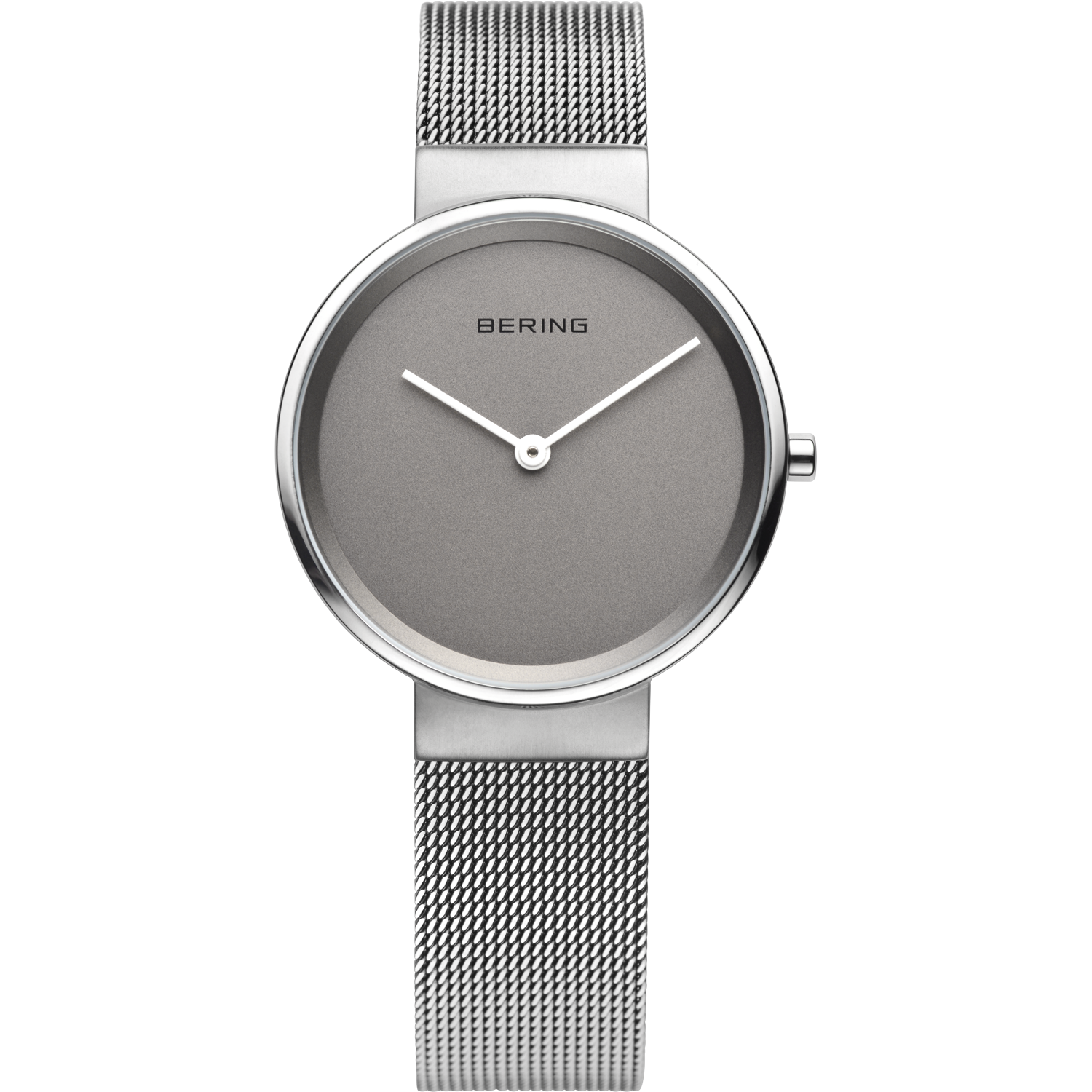 Damenuhr mit grauem Zifferblatt und Milanaise-Armband, runde Lünette, 3-Zeiger-Design