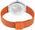 Rückseite der Uhr mit Kartenmotiv, orangefarbenem Milanaiseband und Dornschließe