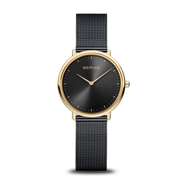 Damenuhr Bering mit schwarzem Zifferblatt, goldfarbenem Gehäuse und schwarzem Mesh-Band.