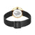 Damenuhr Bering Rückverschluss: schwarzes Mesh-Armband mit Dornschließe und goldfarbener Lünette.