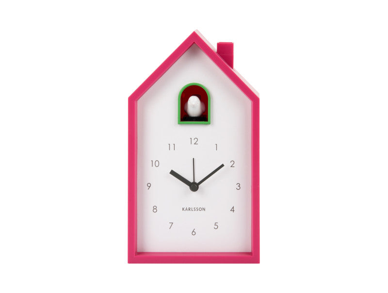 Kuckuckswecker in Hausform, rosa mit weißem Zifferblatt und schwarzem Zeigersatz