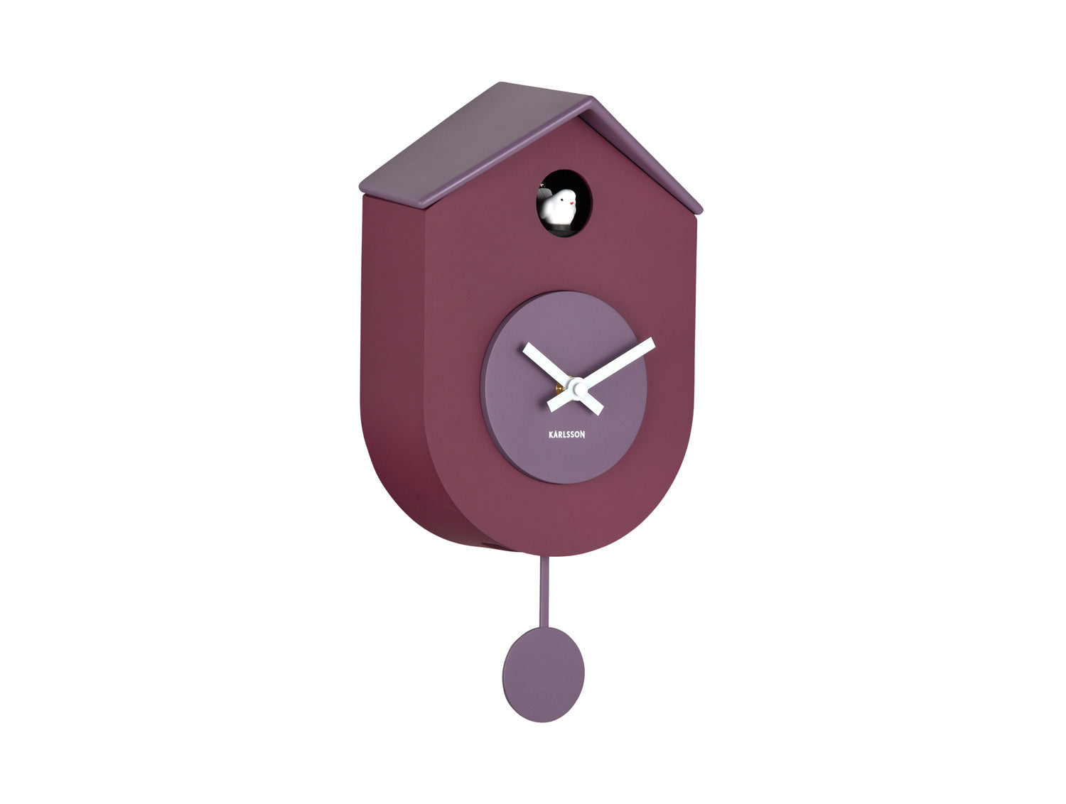 Karlsson Grato Cuckoo KA6026PU Wanduhr Dunkelmauve • Kuckucksruf zur vollen Stunde • Schwingendes Pendel