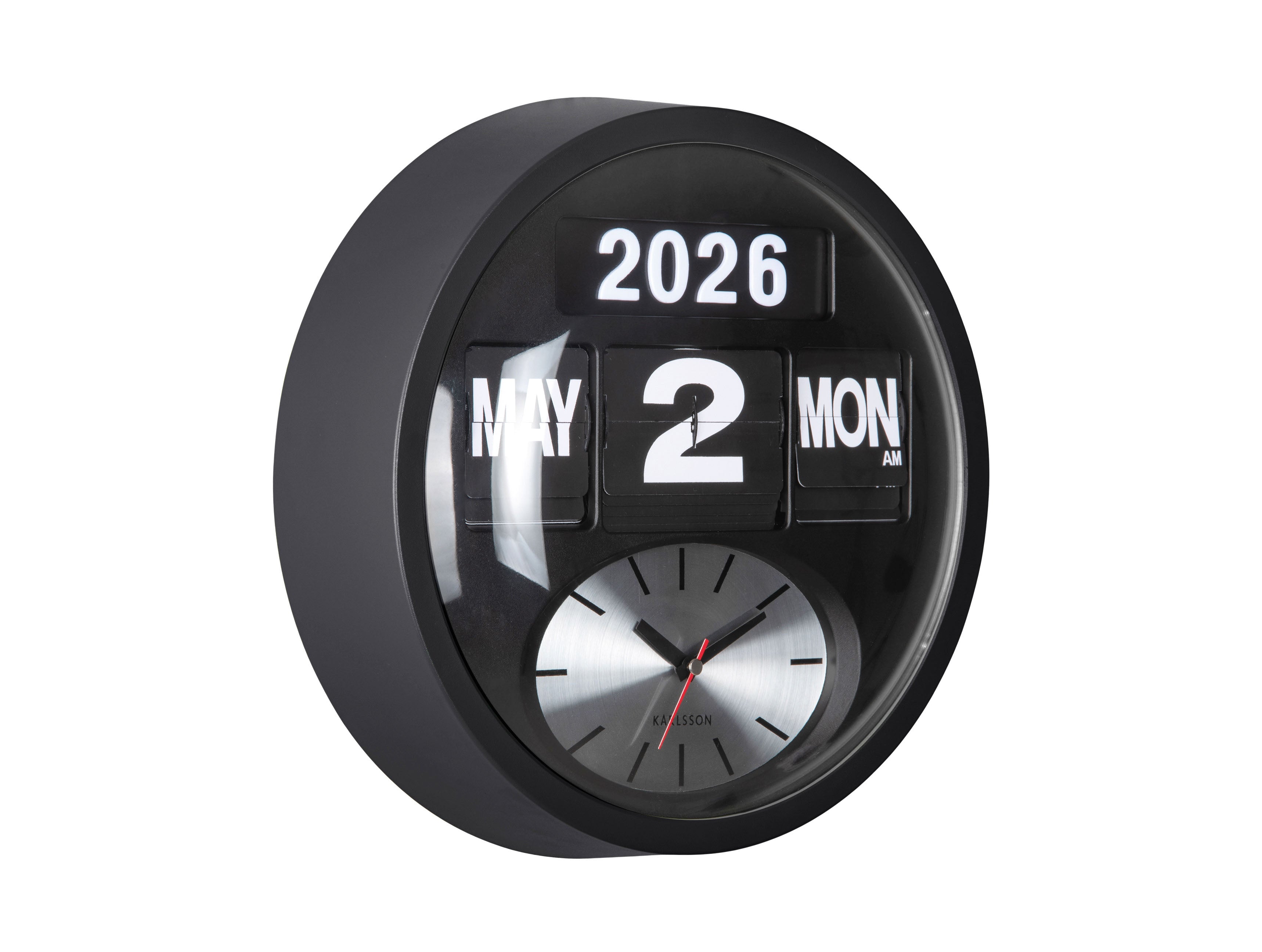 Karlsson Round Flip KA6030BK Wanduhr Schwarz • Analoge Klappzahlen-Uhr • Retro-Design