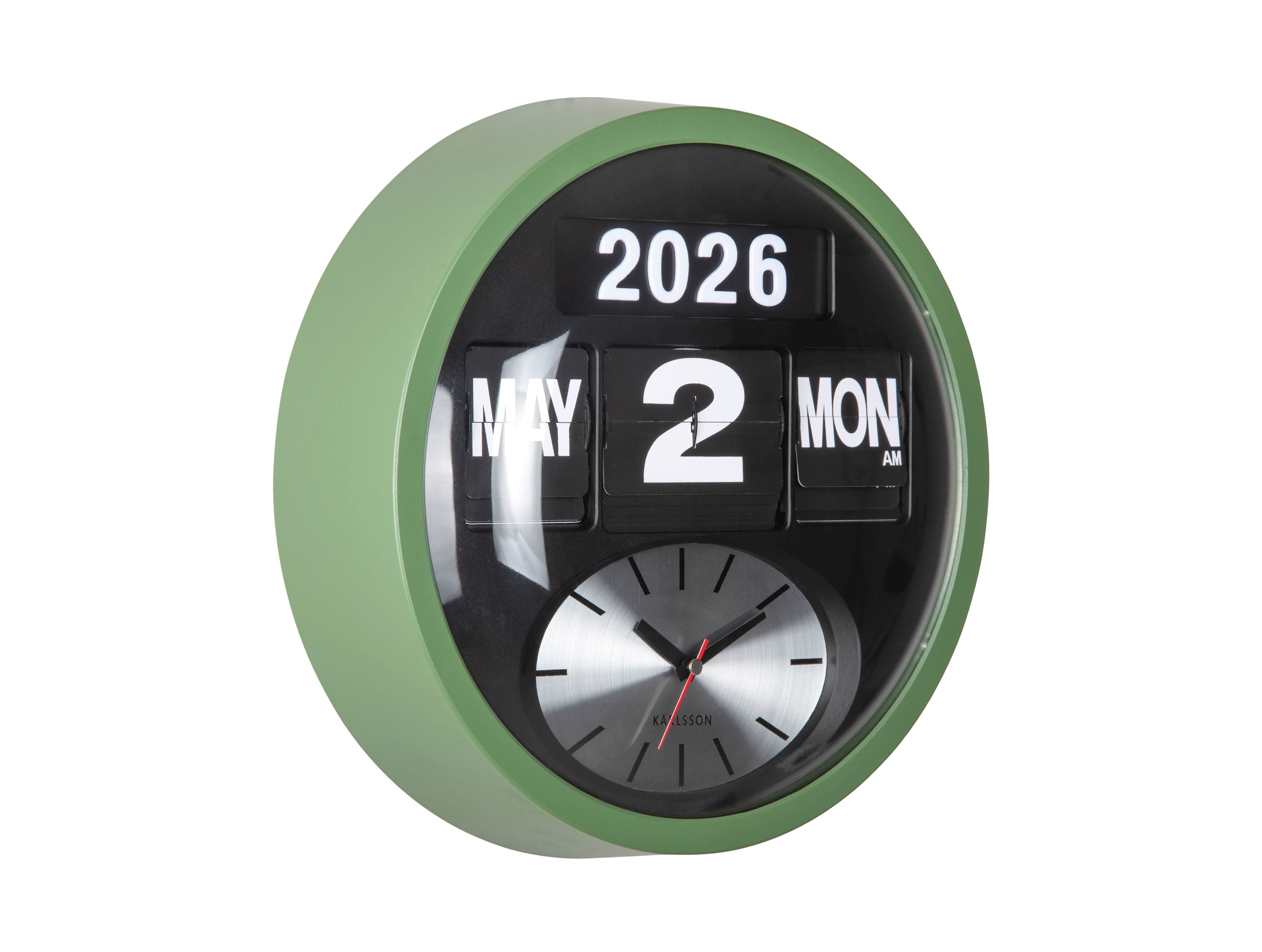 Karlsson Round Flip KA6030GR Wanduhr Dschungelgrün • Klappzahlen-Datumsanzeige • Retro-Design