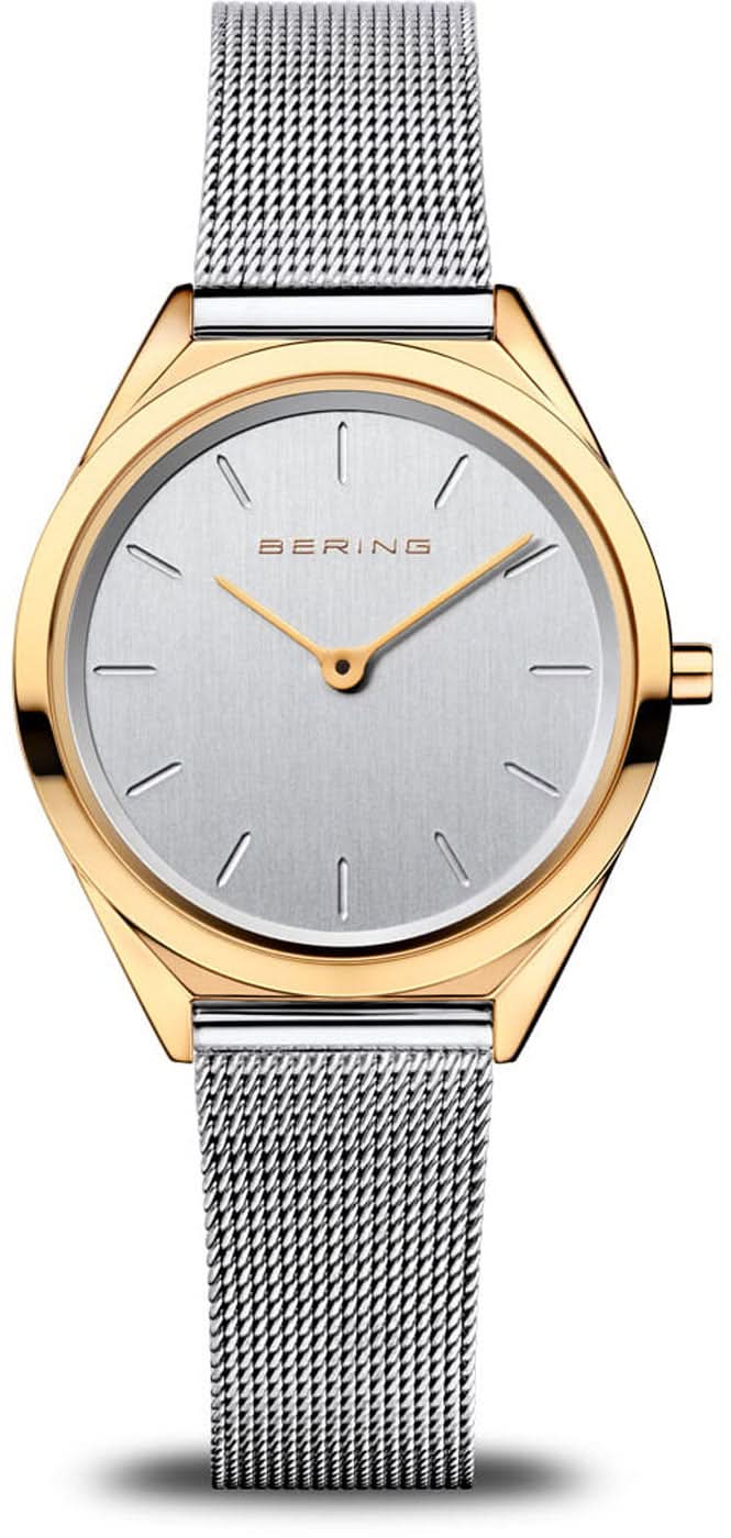 Damenuhr mit silbernem Zifferblatt, goldfarbener Lünette und silbernem Mesh-Armband