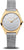 Damenuhr mit silbernem Zifferblatt, goldfarbener Lünette und silbernem Mesh-Armband