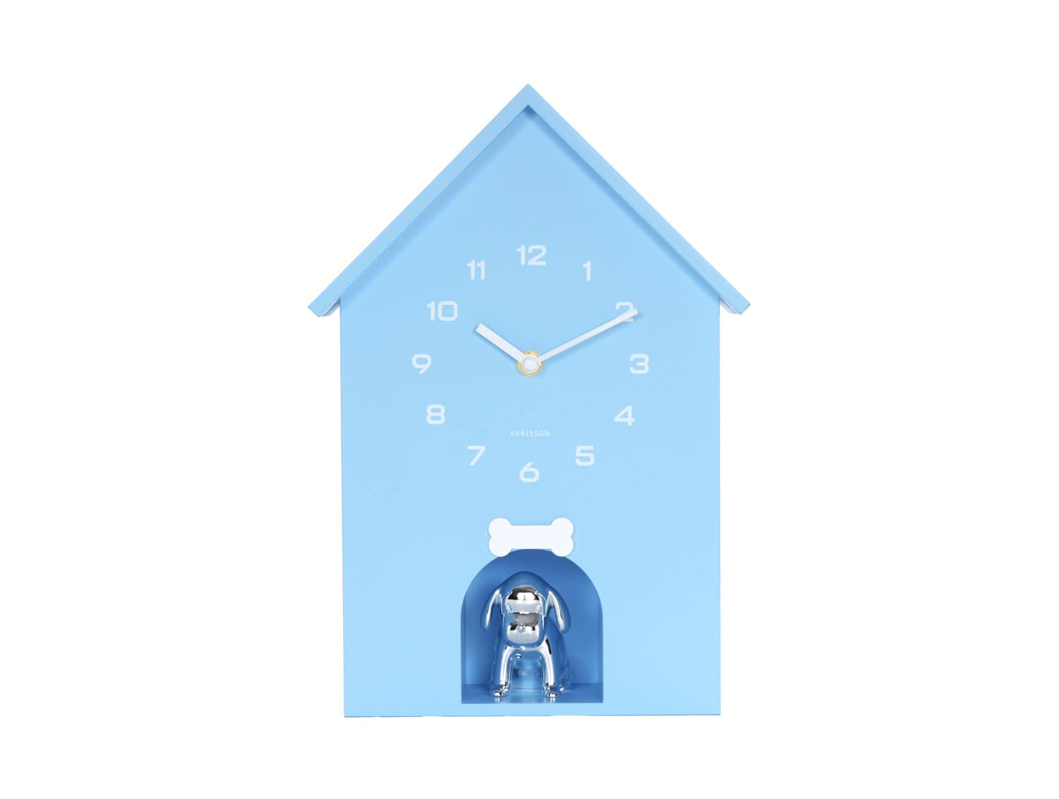 Wanduhr im Hundehütten-Design, hellblau, mit Ziffern, Zeigern und Hundekabinenöffnung