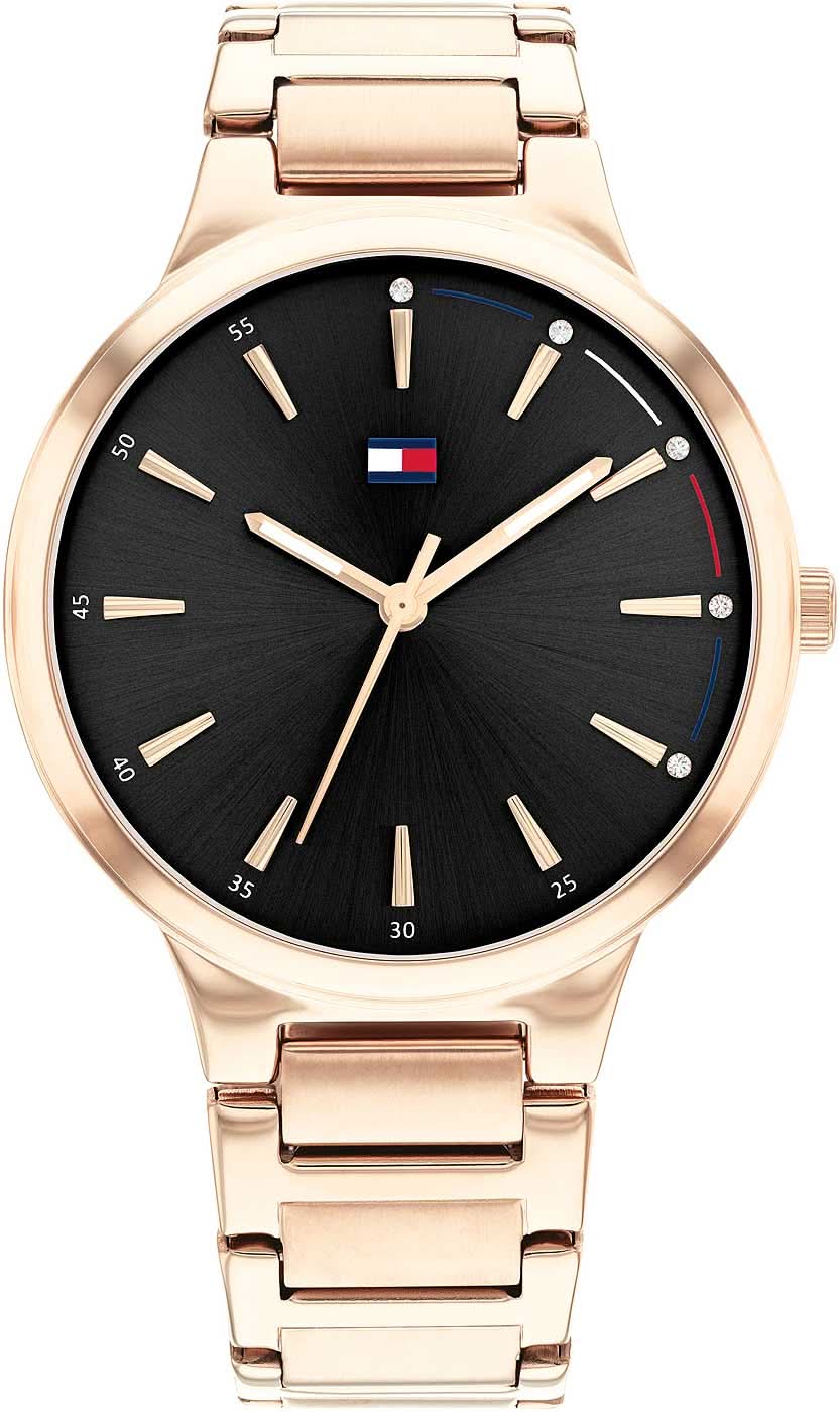 Tommy Hilfiger Damenuhr mit roségoldenem Metallband und schwarzem Zifferblatt