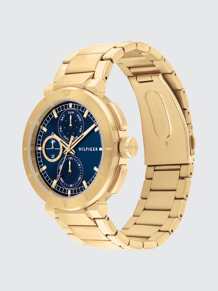 Tommy Hilfiger Lorenzo 1792118 Herren Armbanduhr Blau • Goldfarben Edelstahlgehäuse • Push-Button-Faltschließe