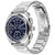 Edelstahl-Chronograph Tommy Hilfiger mit blauem Zifferblatt und mehreren Drückern.