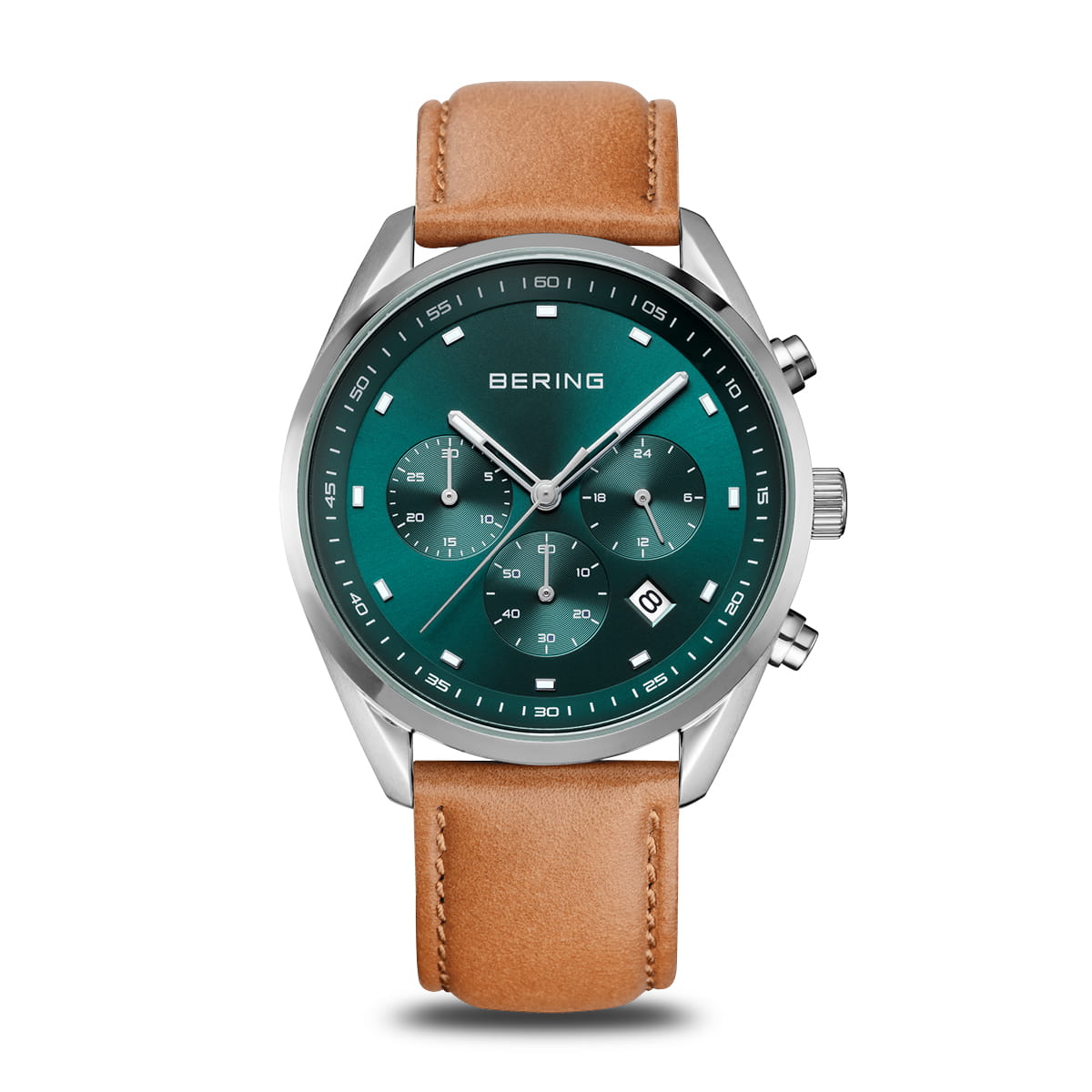 Bering 19240-508 Herrenuhr Chronograph Grün • Saphirglas • Braunes Kalbslederarmband