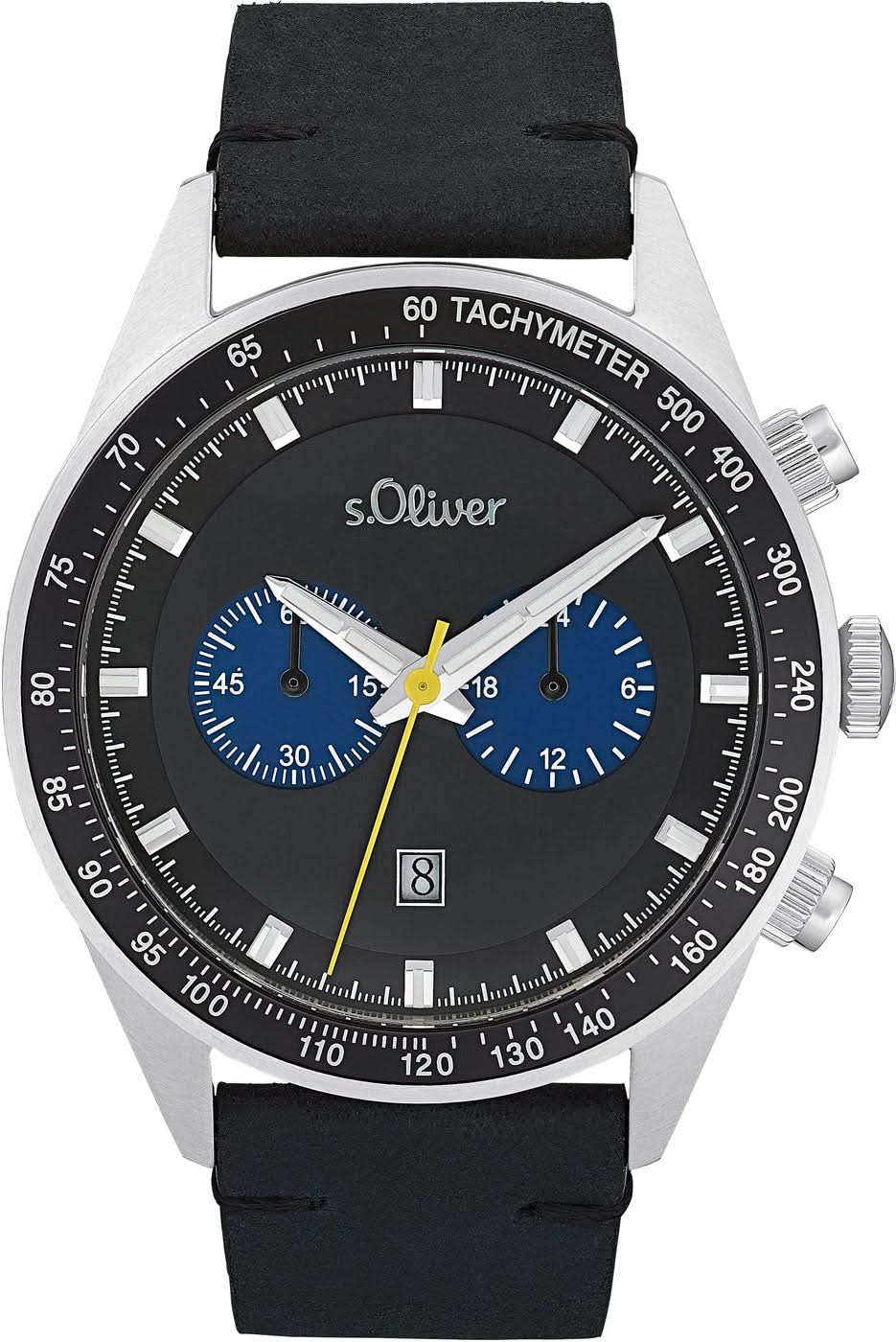 Herrenarmbanduhr mit schwarzem Zifferblatt, Tachymeter-Lünette und schwarzen Lederband