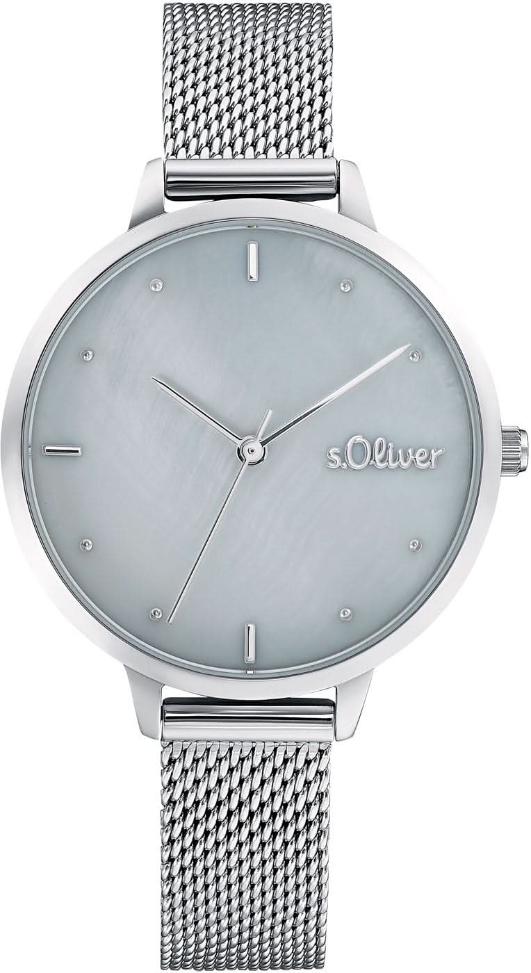 Damenuhr mit silbernem Metallarmband und blauem Zifferblatt, s.Oliver Logo