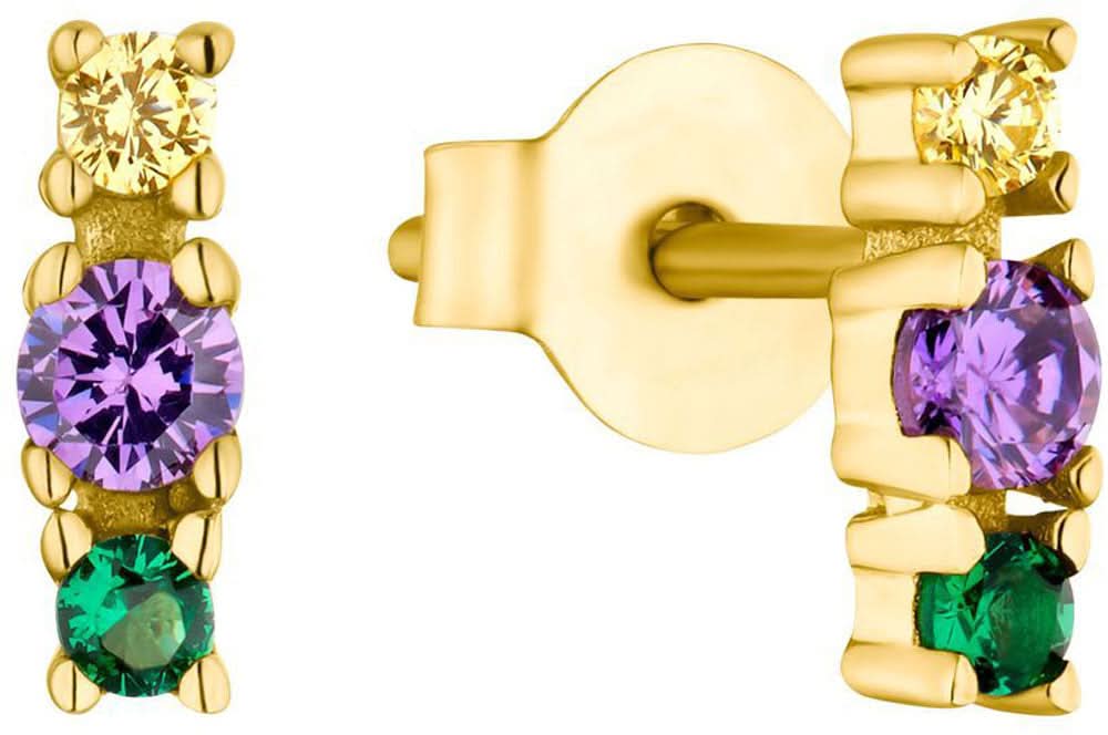 Goldfarbene Ohrstecker mit bunten Steinen: lila, grün und gelb im quadratischen Design
