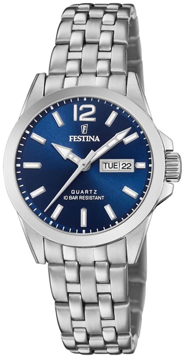 Festina Damenuhr mit blauem Zifferblatt und Edelstahlarmband, Zeitanzeige