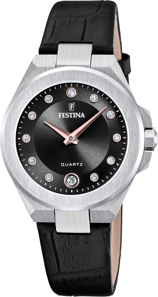 Festina Mademoiselle F20701/5 Damenuhr • Elegantes Kristall-Design • Edelstahl & Leder