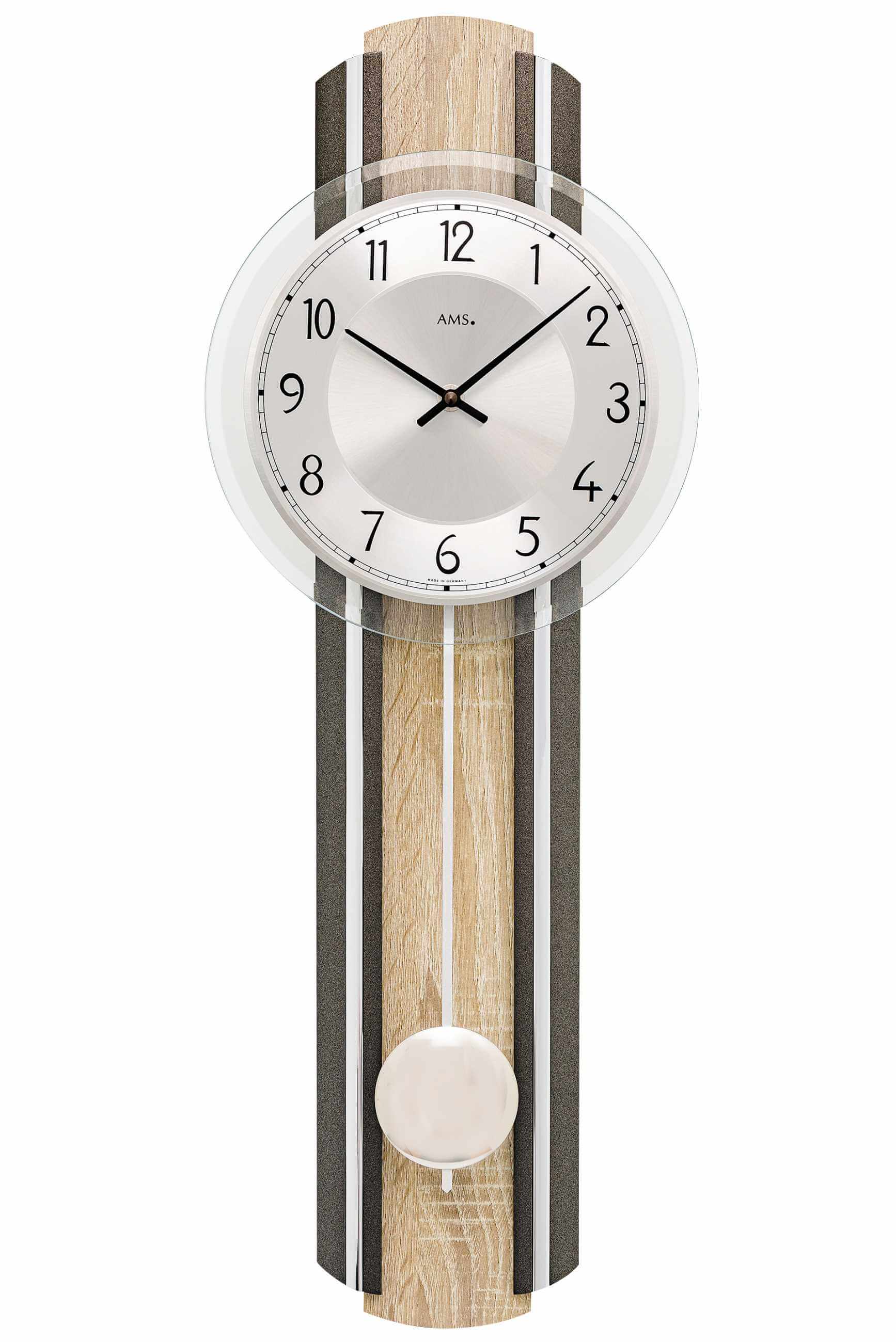 Wanduhr mit rundem Zifferblatt und sichtbarem Quarz-Pendel, Holzoptik-Streifen