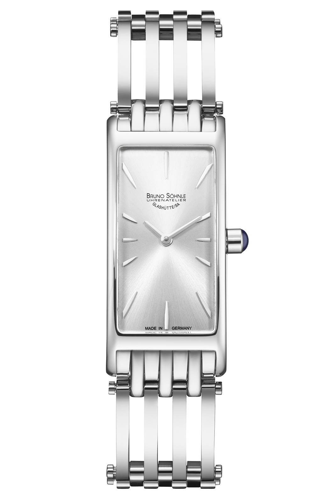 Rechteckige Quarzuhr mit silbernem Metallarmband und Strichindizes auf Zifferblatt
