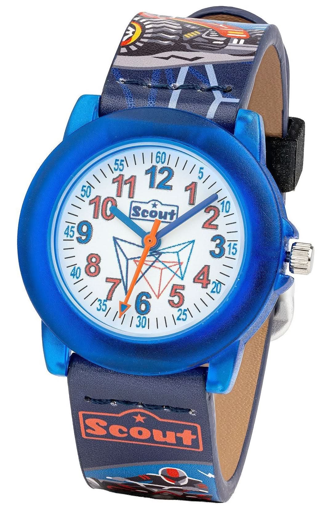 Herren-Uhr mit blauem Zifferblatt, orange Zeigern und blauem Armband mit Muster