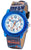 Herren-Uhr mit blauem Zifferblatt, orange Zeigern und blauem Armband mit Muster