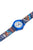 Herren-Uhr seitlich: blaues Zifferblatt, orange Zeiger, breites Armband mit Muster