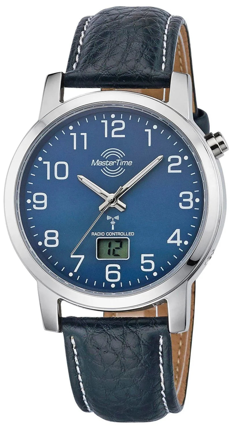 Master Time Herrenuhr mit dunkelblauem Zifferblatt, Lederband und silbernem Gehäuse, funkgesteuert