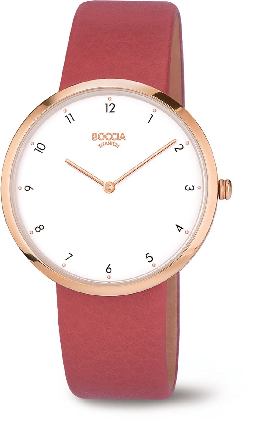 Damenuhr mit weißem Zifferblatt und roségoldfarbenem Gehäuse, rotes Lederarmband