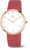 Damenuhr mit weißem Zifferblatt und roségoldfarbenem Gehäuse, rotes Lederarmband