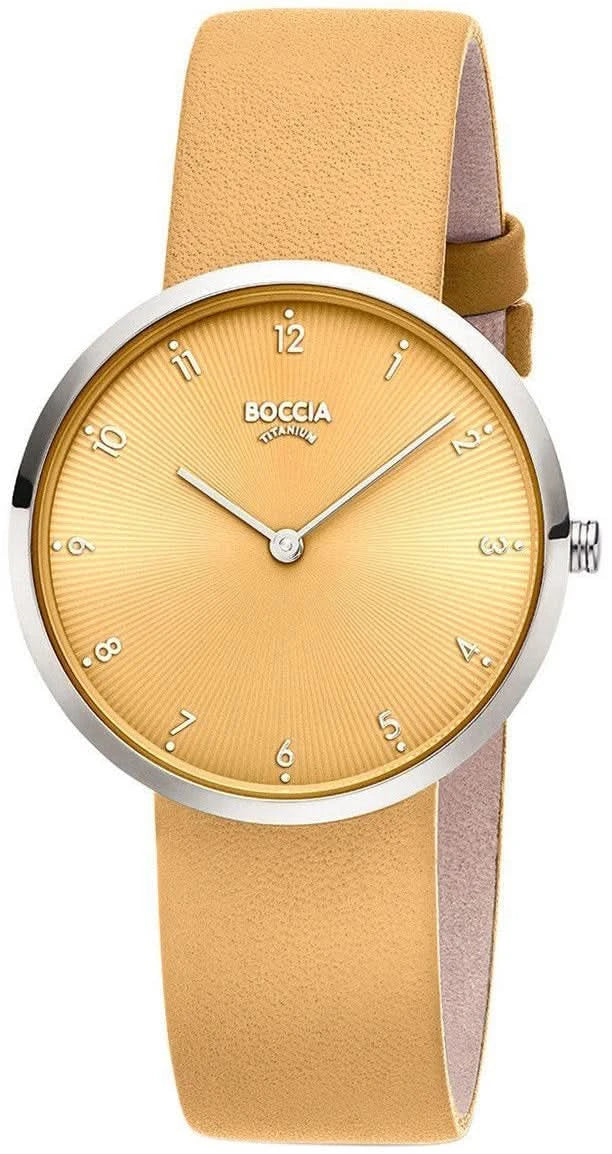 Boccia Damenuhr mit rundem goldfarbenem Zifferblatt und beigem Lederband, Analoganzeige