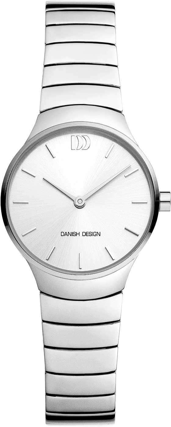 Damenuhr aus Edelstahl mit weißem Zifferblatt, schlichten Indexstrichen und DANISH DESIGN Beschriftung.
