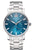 Uhr mit blauem Zifferblatt und silbernem Metallarmband, runde analoge Zeitanzeige