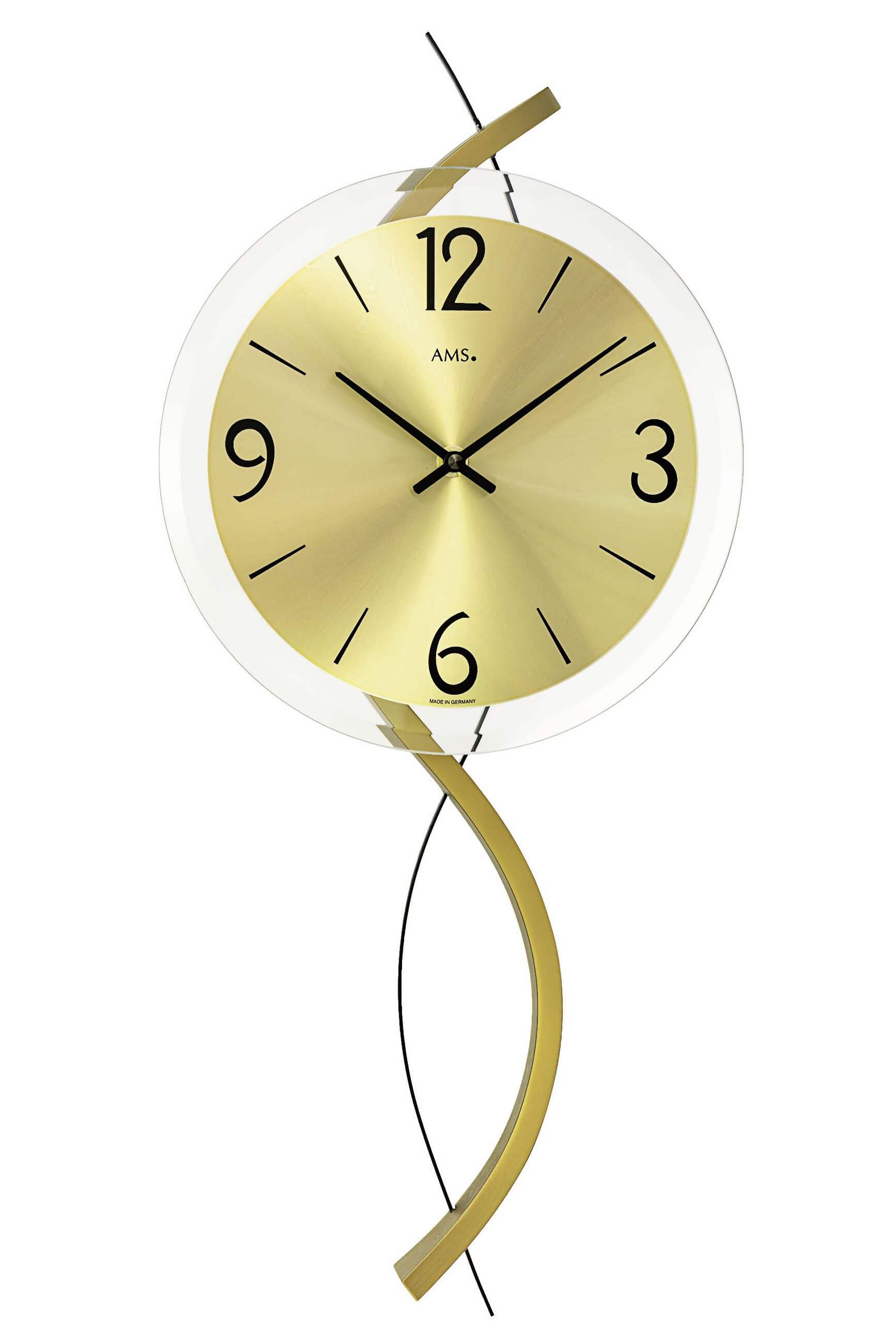Wanduhr mit rundem Zifferblatt, goldfarbene Zeiger und Holzgehäuse, AMS-Logo