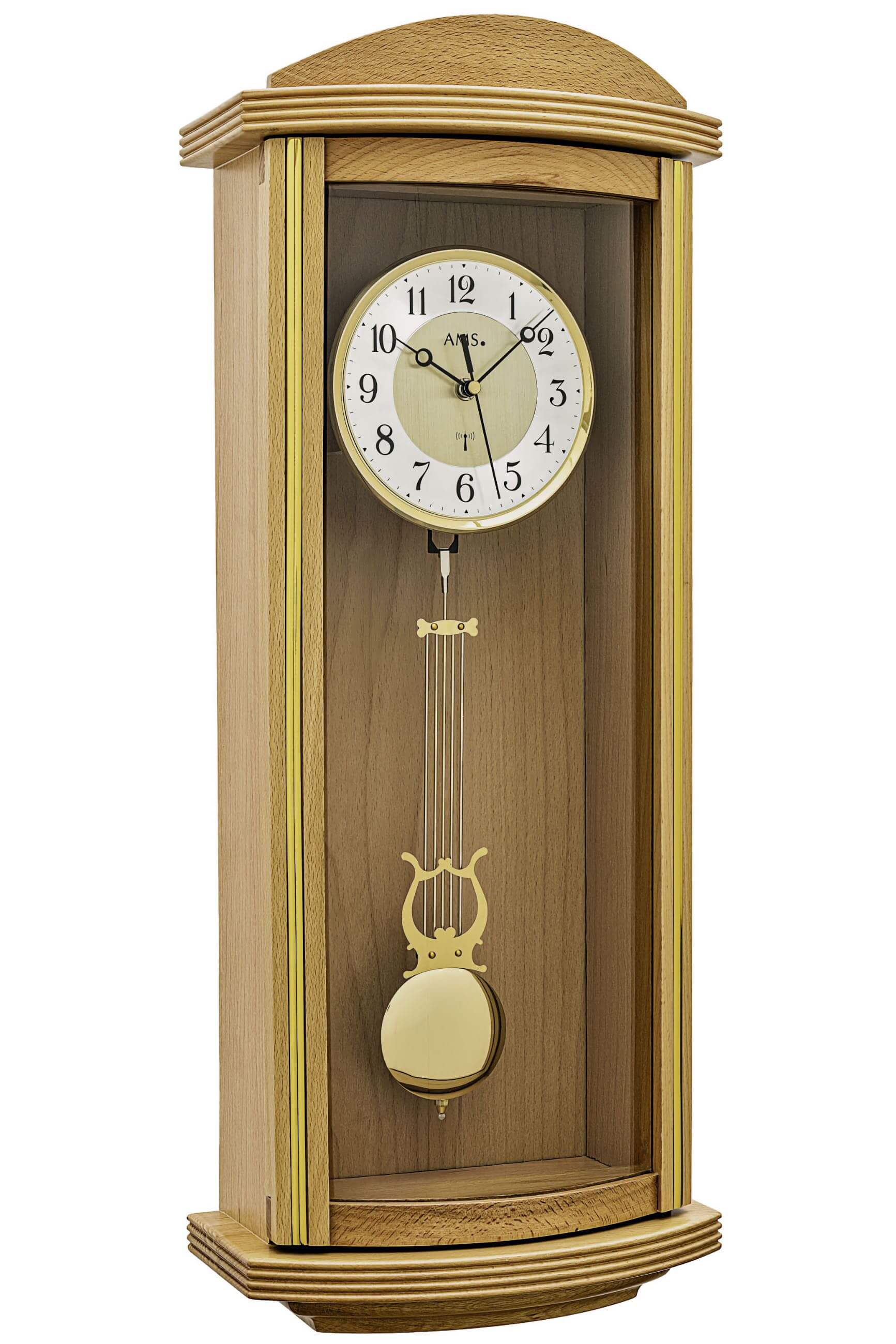 Holzwanduhr mit rundem Zifferblatt und schwingendem Pendel, Eichenfarbton
